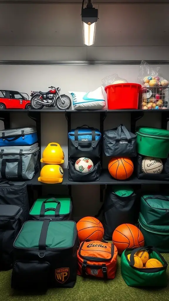 A well-organized garage with various portable storage options for sports balls.