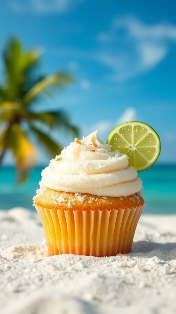 A coconut lime zest cupcake on a sandy beach with a palm tree in the background.