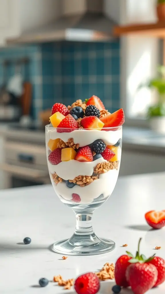 A delicious coconut yogurt parfait with granola and mixed fruits in a glass.
