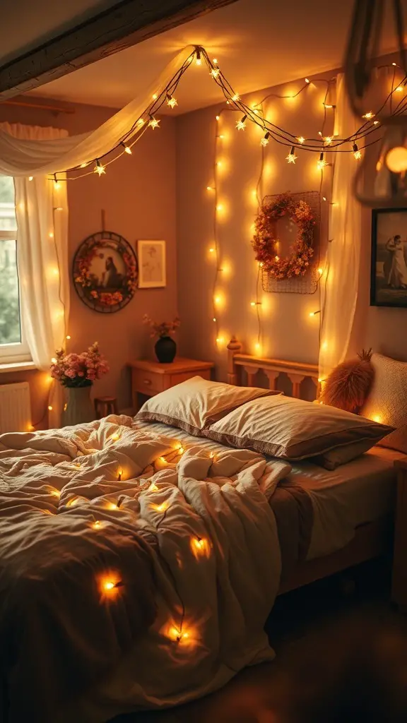 A cozy bedroom decorated with warm fairy lights, creating a romantic atmosphere.