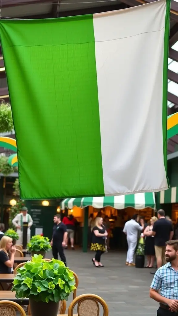 A vibrant scene featuring Irish flag banners and people celebrating St. Patrick's Day.