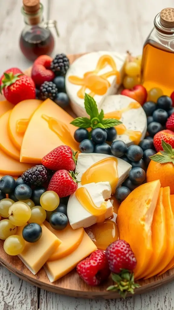 A colorful fruit and cheese platter with honey drizzle, featuring strawberries, blueberries, blackberries, and various cheeses.