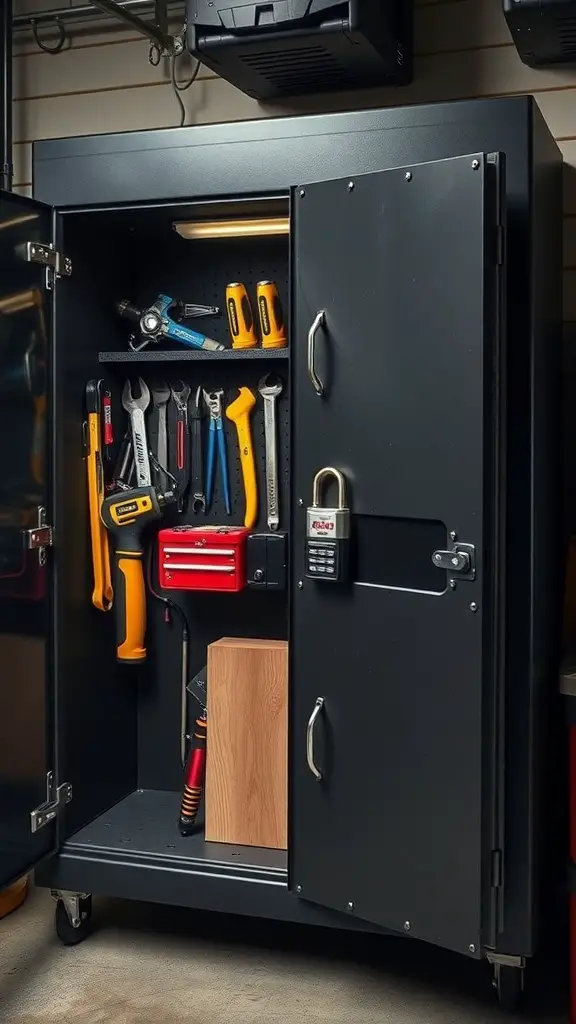 27+ Stylish Garage Cabinet Ideas for an Organized Space 3 A lockable black garage cabinet filled with various tools, showcasing secure storage options.