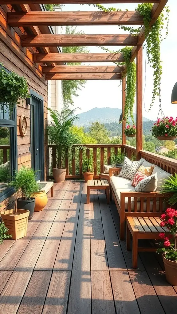 A rustic wooden deck balcony with plants and seating