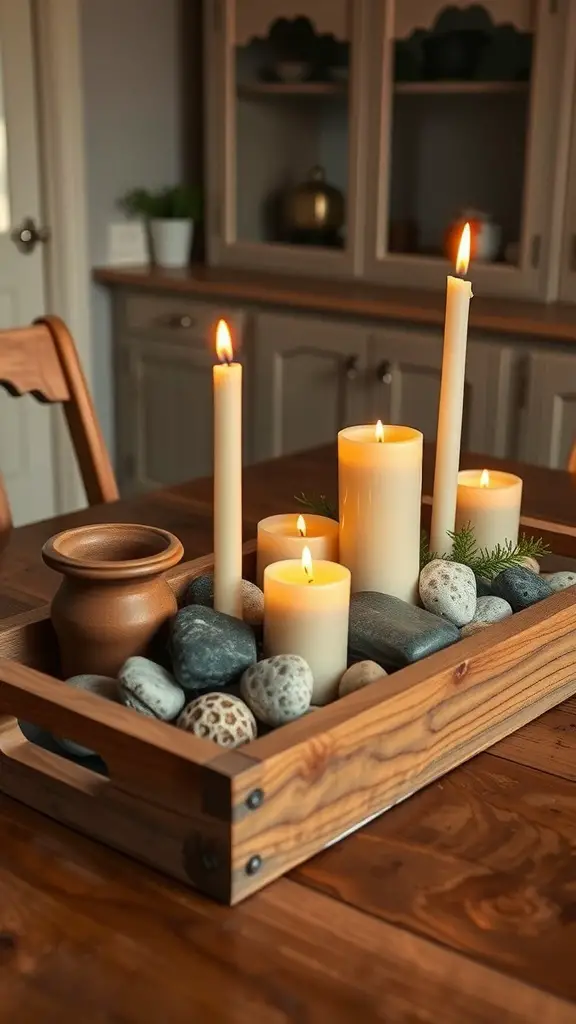 A rustic wooden tray with candles and stones arranged on a kitchen table.