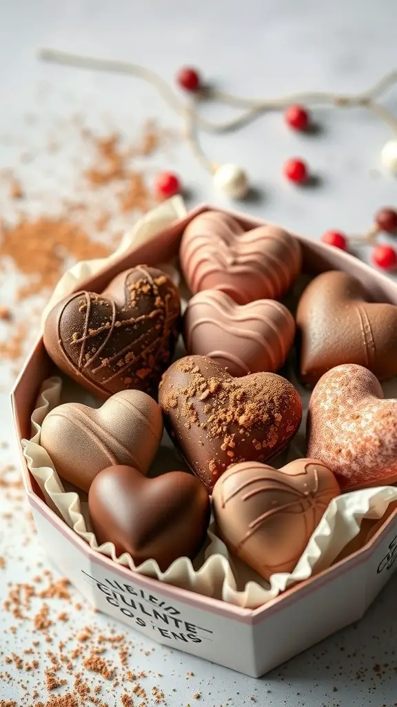 A box of assorted heart-shaped chocolate truffles in various designs and colors.