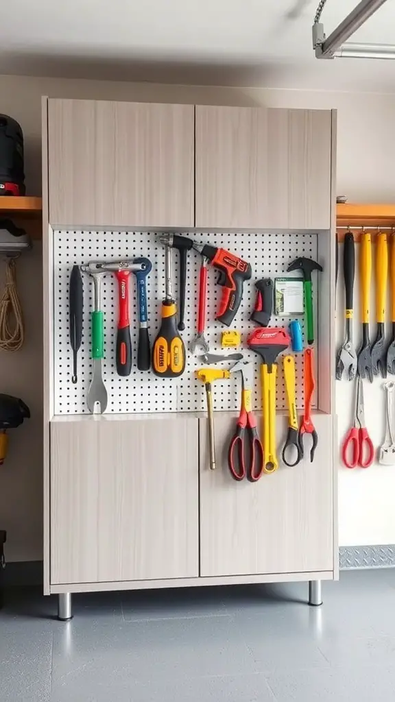 27+ Stylish Garage Cabinet Ideas for an Organized Space 15 A garage cabinet with a pegboard displaying various tools like hammers, screwdrivers, and pliers.