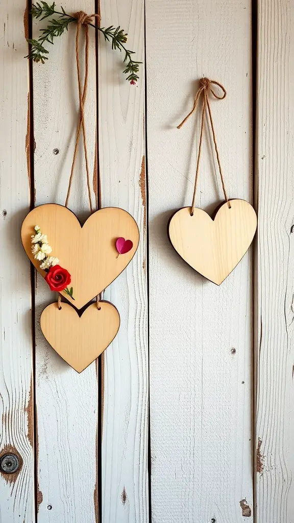 Two rustic wooden heart signs hanging on a wall, one decorated with flowers.