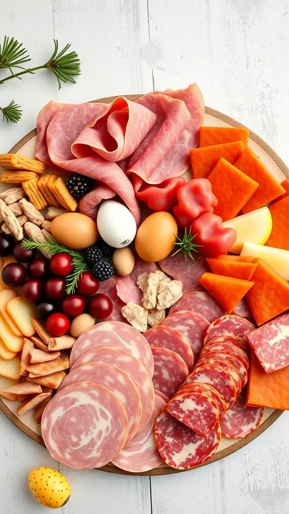 51+ Creative Easter Charcuterie Board Ideas 6 A beautifully arranged charcuterie board featuring various meats, cheeses, and garnishes.