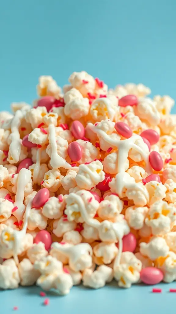 Colorful Valentine's Day popcorn mix with white chocolate, pink candies, and sprinkles.