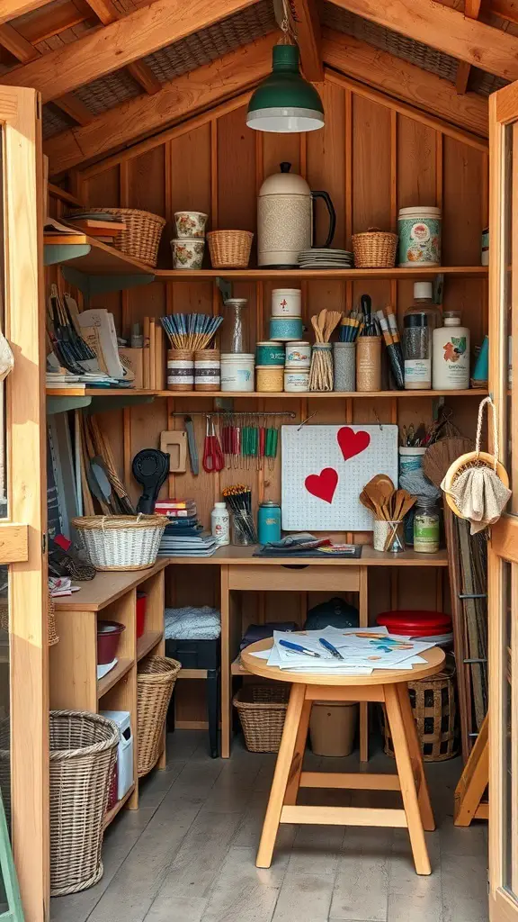 A cozy crafting corner setup in a shed with wooden shelves filled with supplies and a central table.