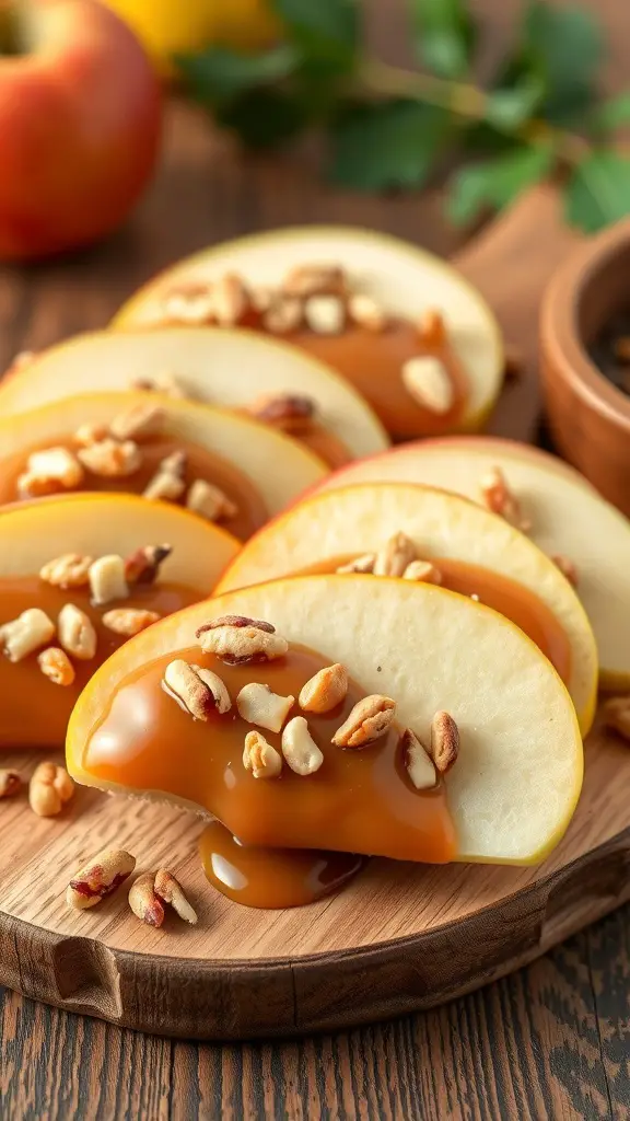 Sliced apples topped with caramel and chopped nuts on a wooden platter