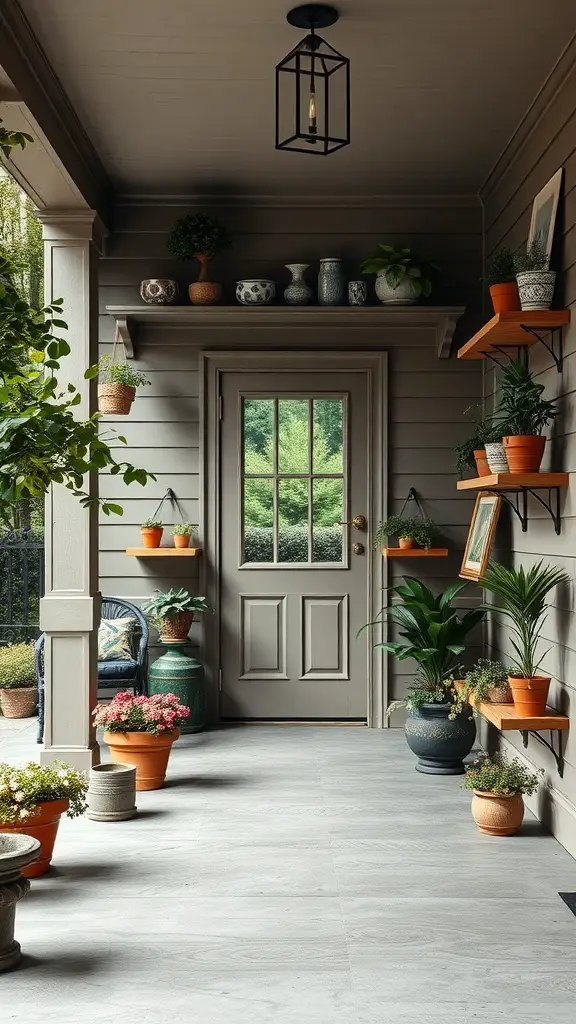 25+ Creative Porch Storage Ideas 8 A porch with wall-mounted shelves displaying various plants and decorative pots.