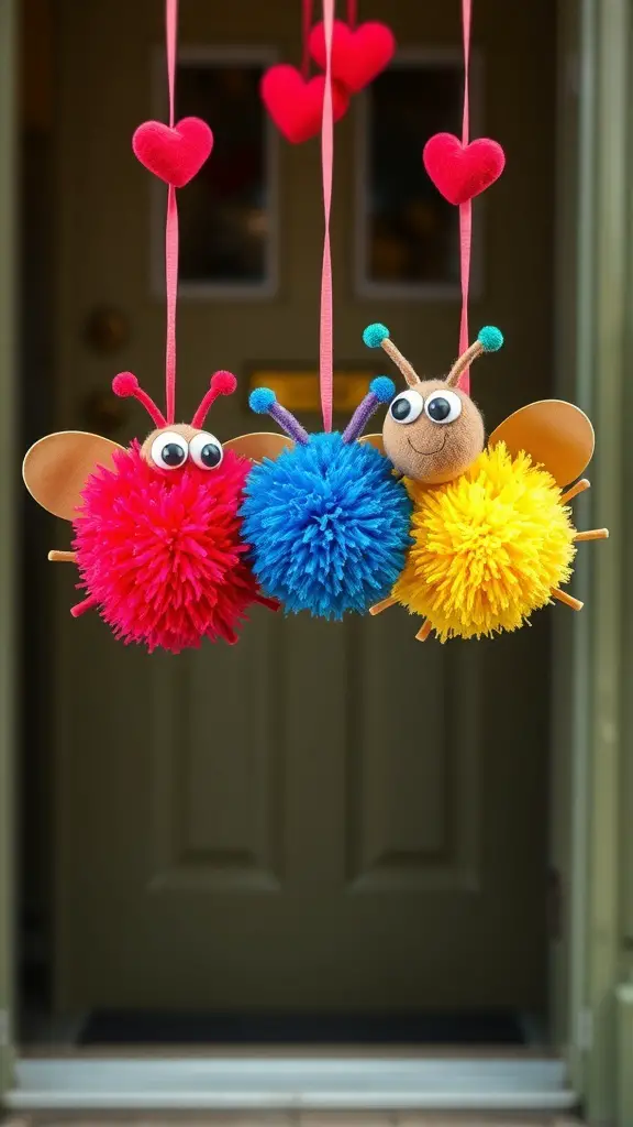 Colorful pom-pom love bugs hanging on a door with hearts