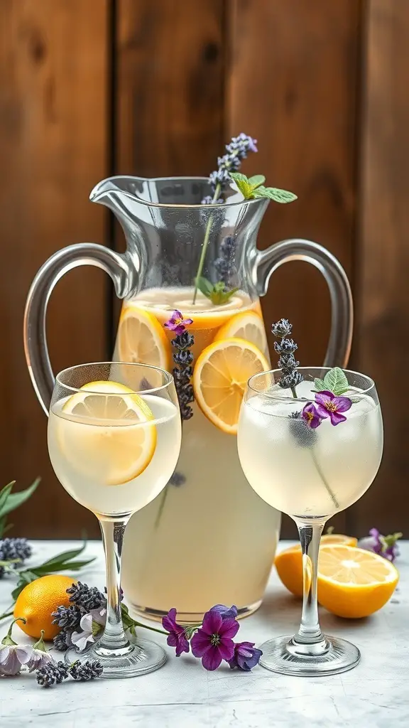 A pitcher of lavender lemonade with lemon slices and edible flowers in glasses