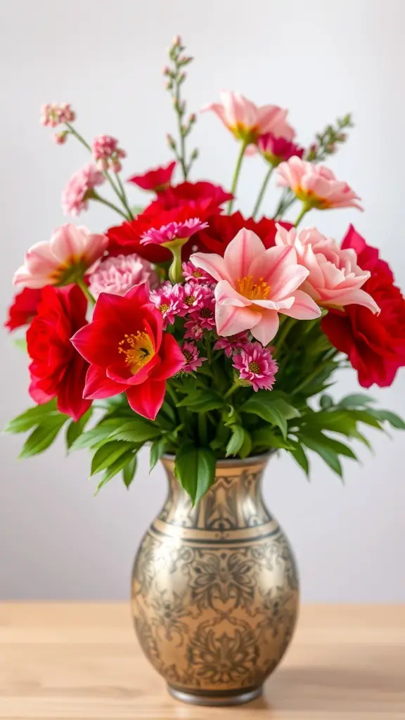 A vibrant floral arrangement featuring red and pink flowers in an ornate vase.