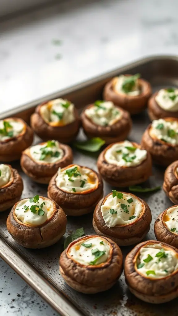 A tray of stuffed mushrooms filled with cream cheese and topped with herbs.