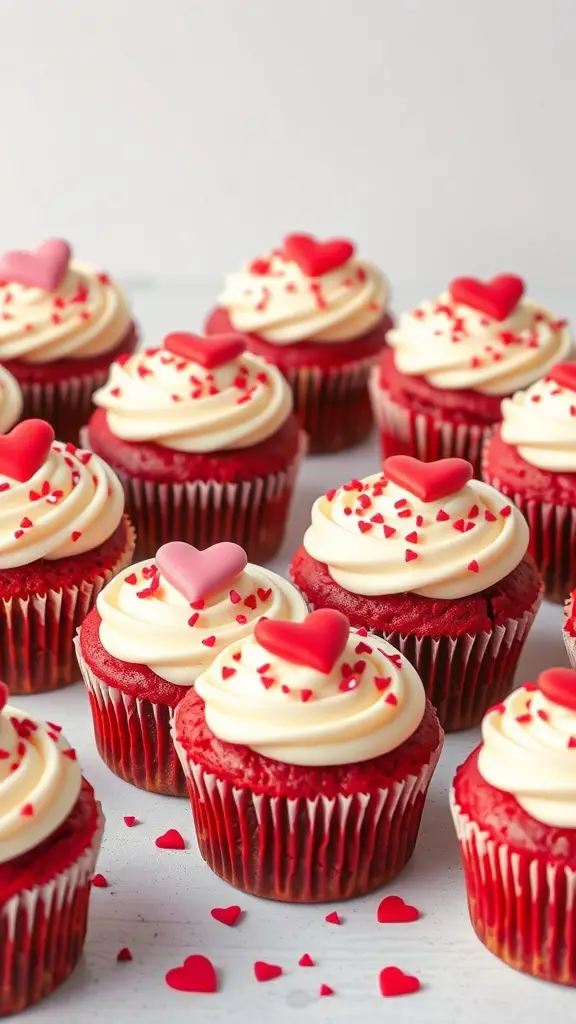 29+ Delightful Valentine's Day Treats to Share with Your Loved One 3 Red velvet cupcakes with cream cheese frosting and heart decorations