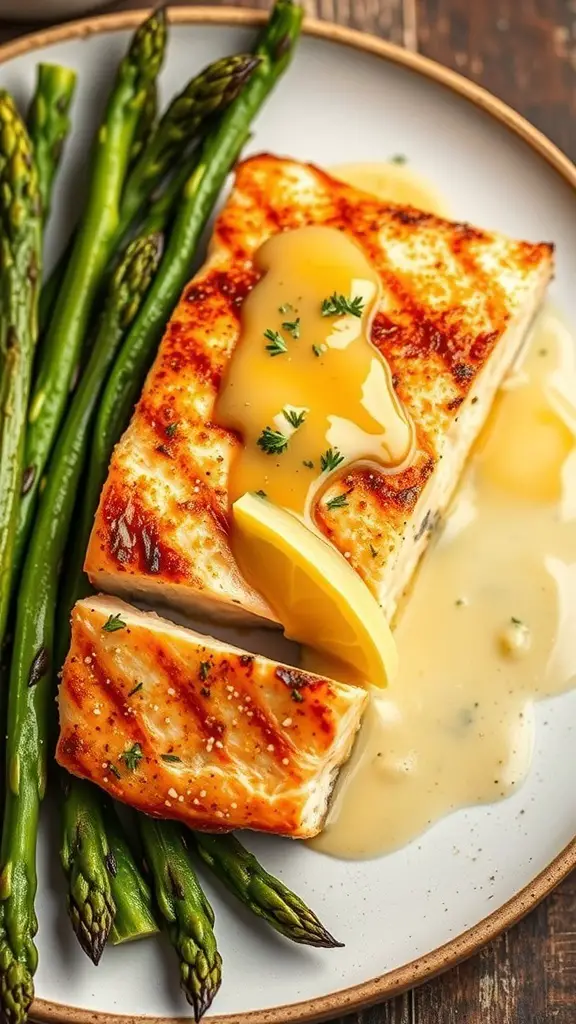 Grilled salmon fillet with lemon butter sauce and asparagus on a plate