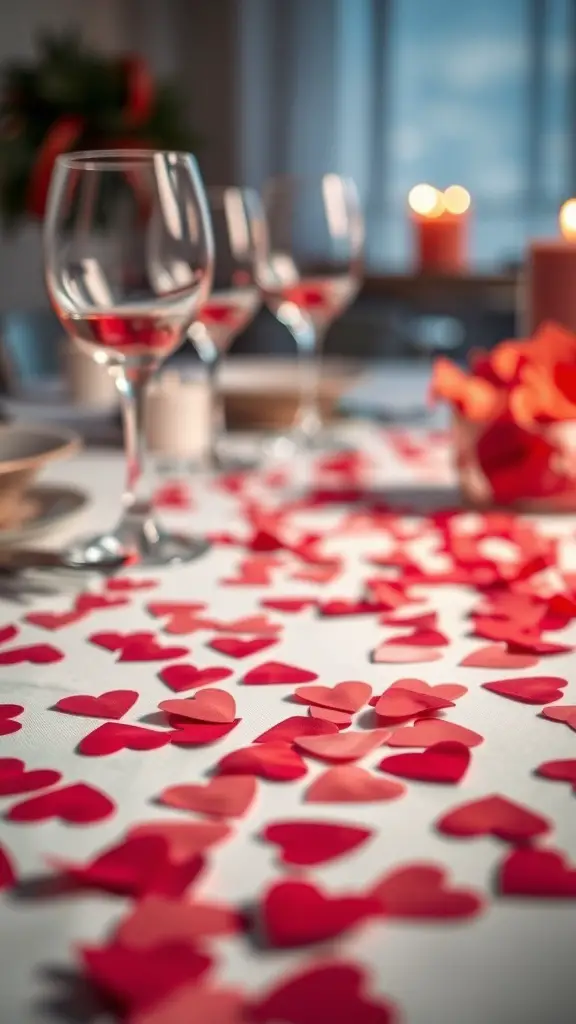 A table decorated with heart-shaped confetti, wine glasses, and candles for a Galentine's party.