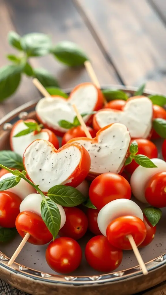23+ Heart-Shaped Food Ideas 11 Heart-shaped Caprese salad skewers with cherry tomatoes, mozzarella, and basil on a plate.