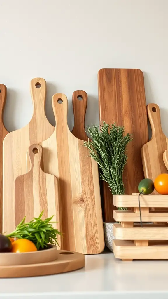 23+ Inspiring Kitchen Counter Styling Ideas to Elevate Your Space 5 A collection of wooden cutting boards arranged on a kitchen counter with herbs and fruits.