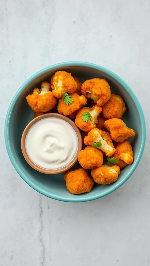 A bowl of buffalo cauliflower bites with ranch dip