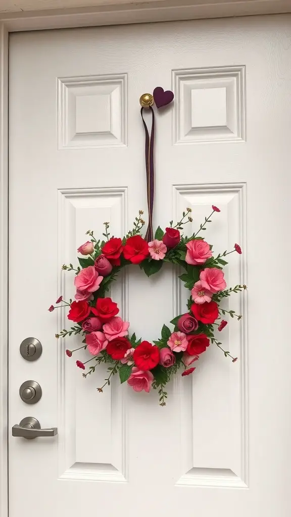 A heart-shaped wreath made of red and pink flowers hanging on a white door.