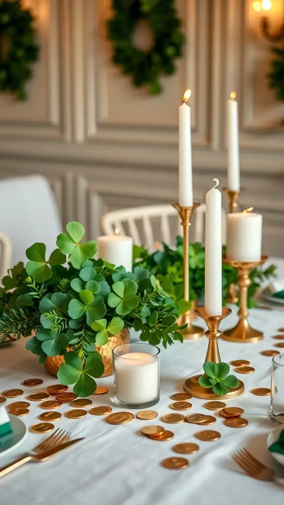 A table decorated for St. Patrick's Day with gold coins, green plants, and candles.