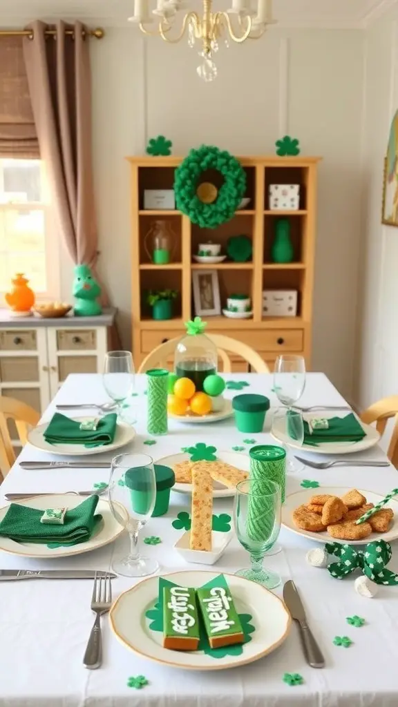A St. Patrick's Day themed table setting with green decorations, shamrock accents, and festive treats.