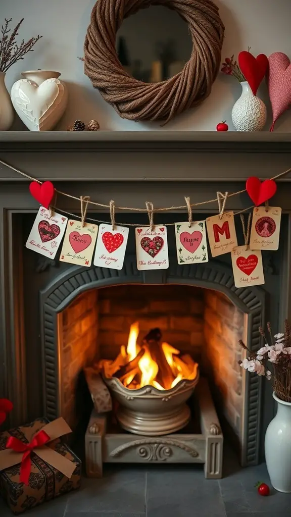 A cozy fireplace decorated with vintage Valentine cards and heart-shaped decor.