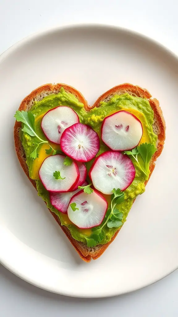 Heart-shaped avocado toast topped with radishes and herbs on a plate.