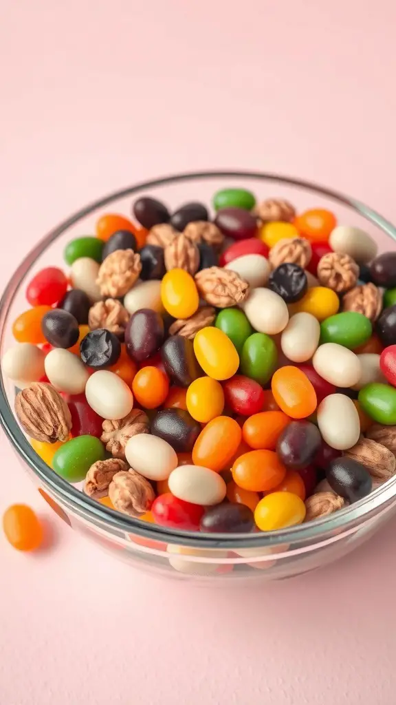 A bowl of colorful jelly beans and nuts, perfect for a festive snack.