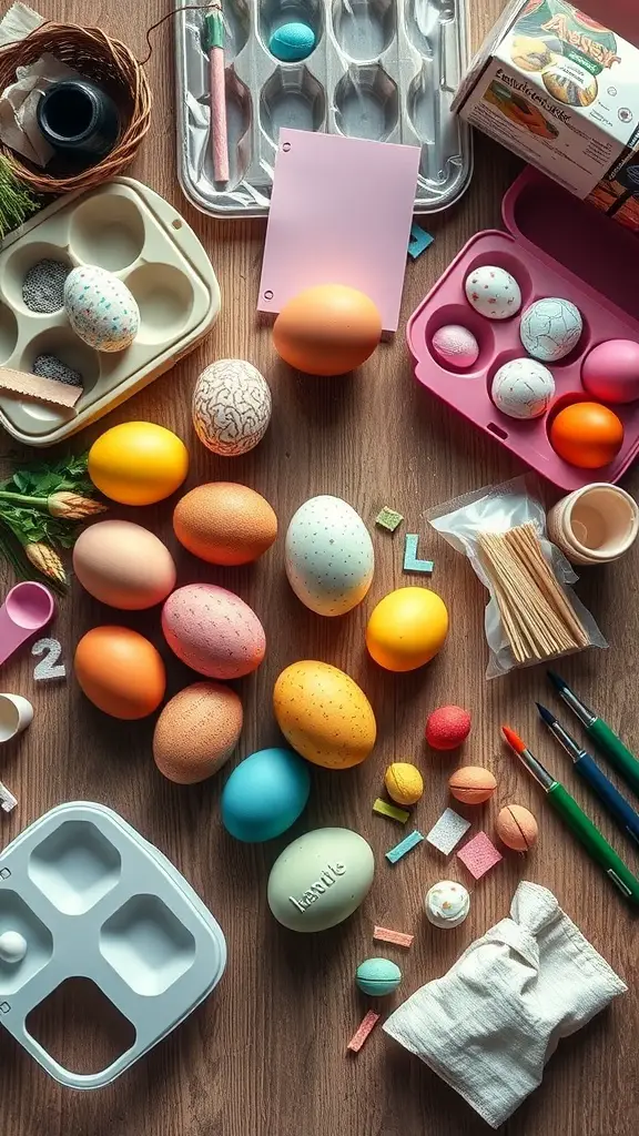 A variety of colorful Easter eggs and decorating supplies arranged on a wooden table.