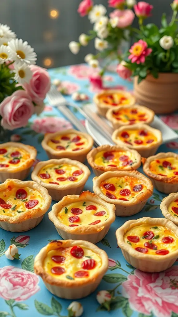 A colorful display of mini quiches with cherry tomatoes on a floral tablecloth.