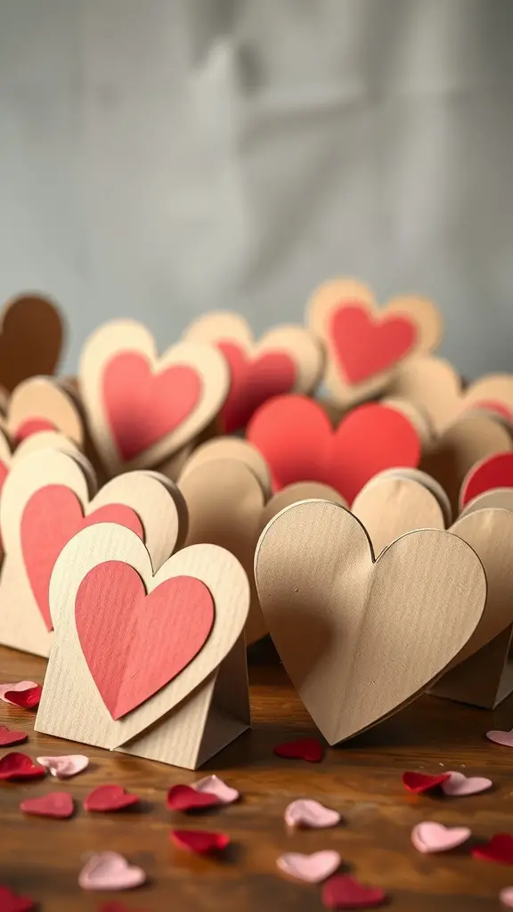 29+ Creative Upcycled Valentine’s Day Decorations to Make This Year 16 Heart-shaped cards made from cereal boxes, decorated with red and pink paper, scattered with heart-shaped confetti.