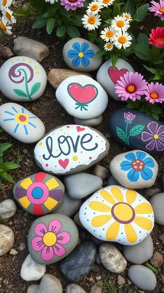 Colorful hand-painted garden stones surrounded by flowers