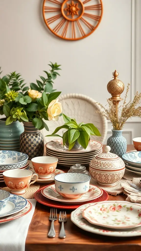 A beautifully arranged tablescape featuring a mix of colorful and patterned dishware, including plates, bowls, and cups, with decorative elements like flowers and vases.