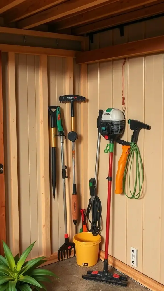 Corner storage solution for gardening tools including a weedeater, hanging on a wall.