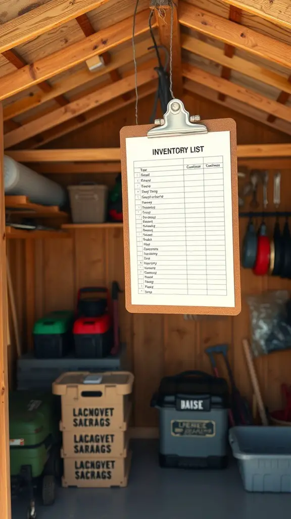 An organized garden shed with an inventory list displayed.