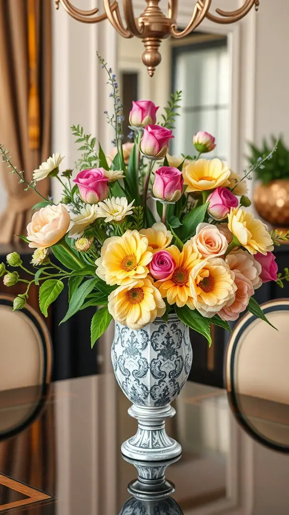 A floral arrangement with pastel blooms in a decorative vase, featuring pink roses, yellow tulips, and white daisies.