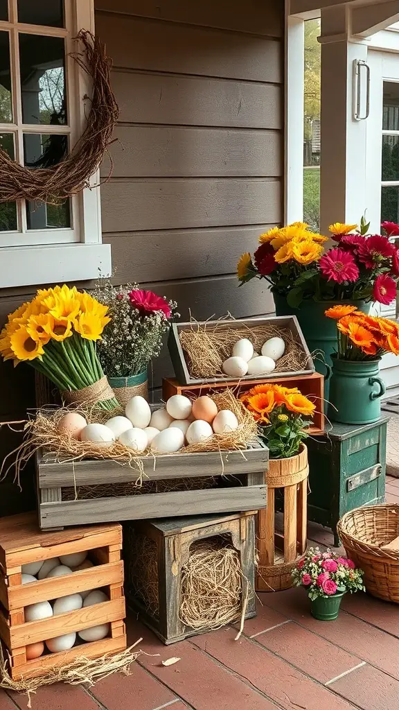 A collection of wooden crates filled with eggs and flowers for Easter decor.