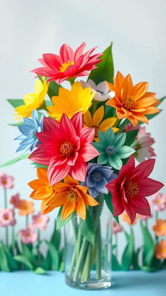 A vibrant bouquet of paper flowers in various colors, showcasing a mix of shapes and sizes, set against a soft background.