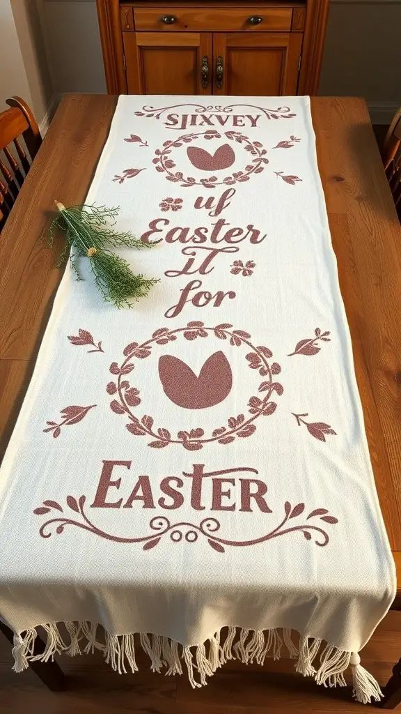 Linen table runner with Easter motifs on a wooden table