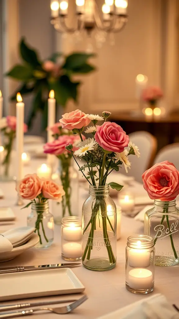 27+ Creative DIY Valentine’s Day Decor Ideas You’ll Love 4 Mason jar centerpieces with flowers and candles on a dining table