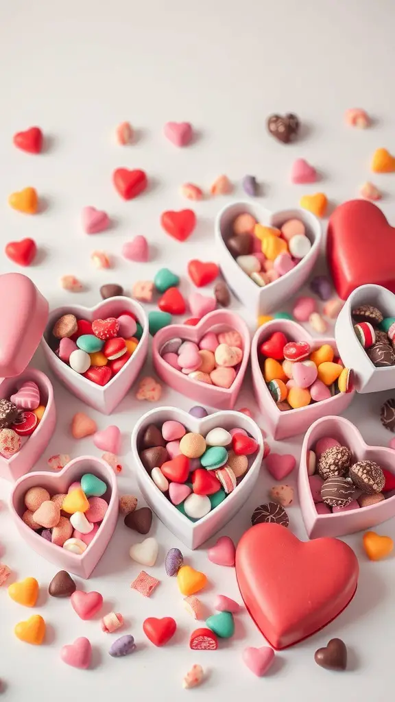 An assortment of heart-shaped candy boxes filled with colorful candies.