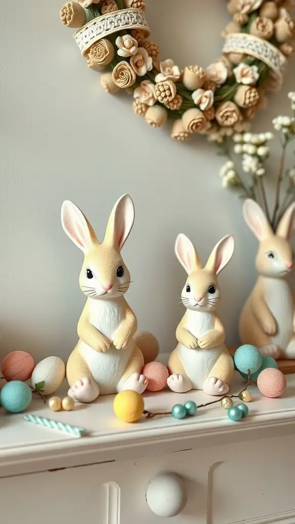 Vintage bunny figurines surrounded by pastel-colored eggs and a floral wreath