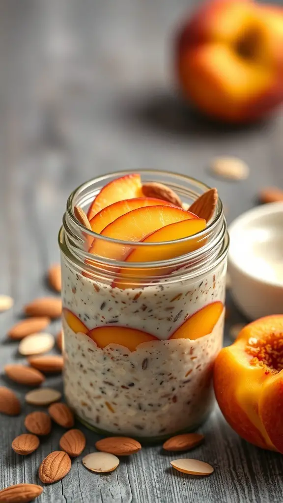 49+ Delicious Spring Breakfast Ideas to Brighten Your Morning 10 A jar of peach and almond overnight oats topped with peach slices and almonds, with whole peaches in the background.