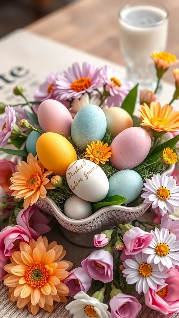 A beautiful centerpiece featuring pastel-colored eggs surrounded by flowers.