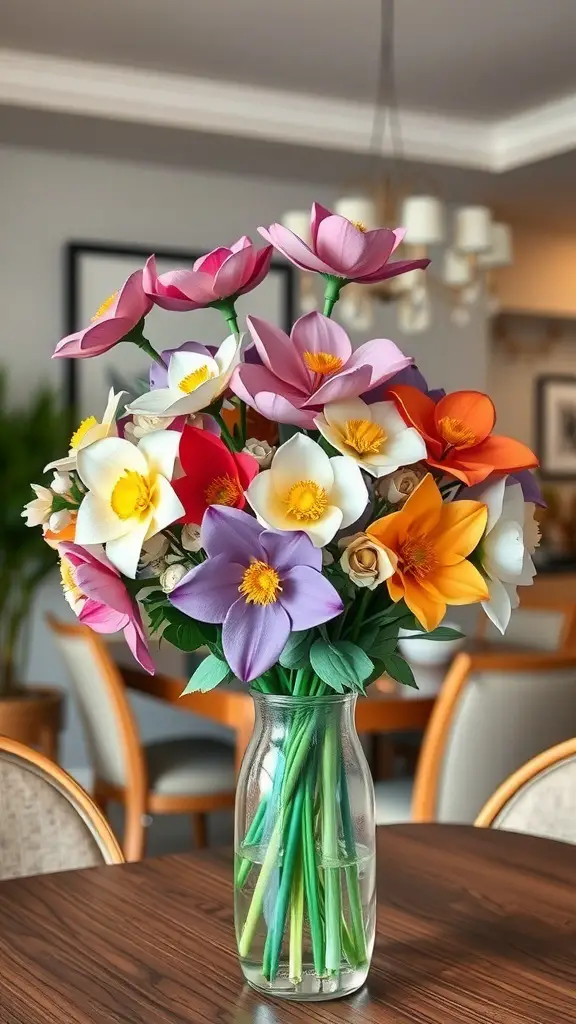 A vibrant bouquet of colorful paper flowers in a clear vase on a wooden table.